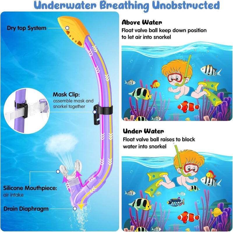 Seovediary Kids Snorkel Set, Mask Fins Snorkeling Gear for Kids Anti-Fog Swim Goggles 180 Panoramic View Dry Top Snorkel and Dive Flippers Combo with Travel Bag for Snorkeling Training Swimming Diving - Image 3